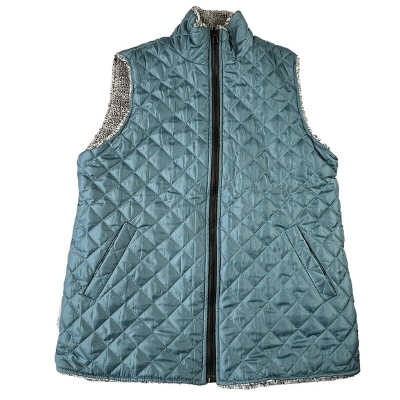 Simply Southern Womens Quilted Vest Size Large Blue Gray Fuzzy Reversible Zip‎ - Picture 1 of 11